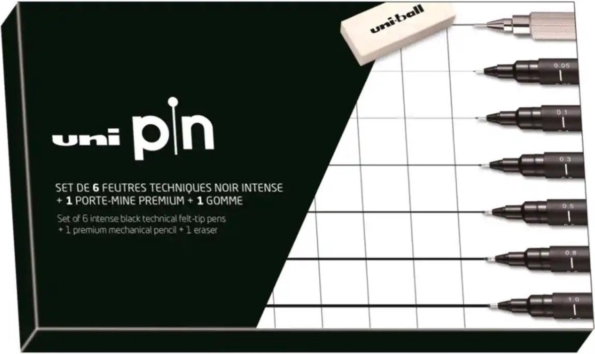 Uni-ball Uni Pin Fineliner Startersset Set 6 stuks met Vulpotlood en Gum
