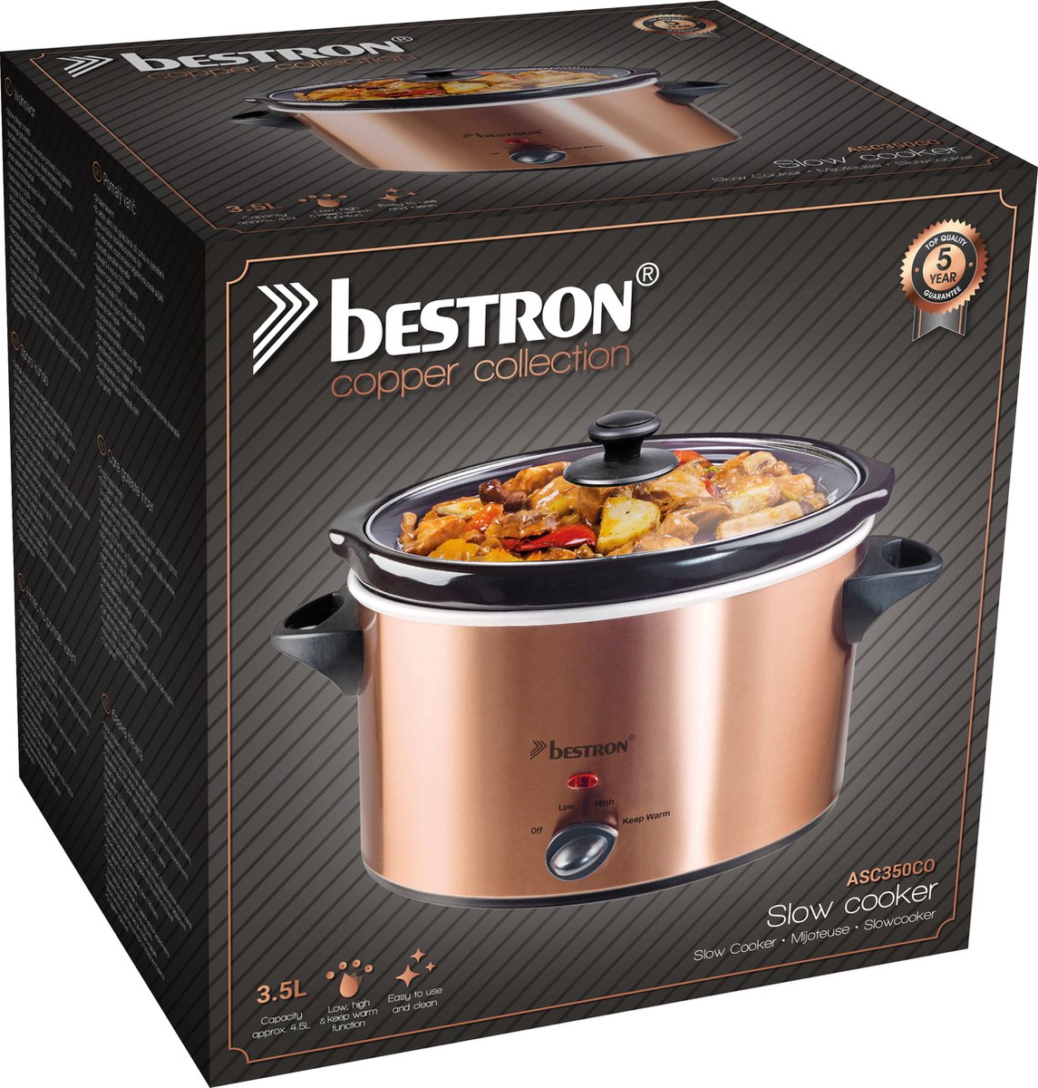 Afbeelding 3 van Bestron Slowcooker, met 3 programma's, keramische pan & glazen deksel, voor 4 Personen, 3.5L capaciteit, vatwasserveilig, 180 Watt, Copper Collection, kleur: Koper