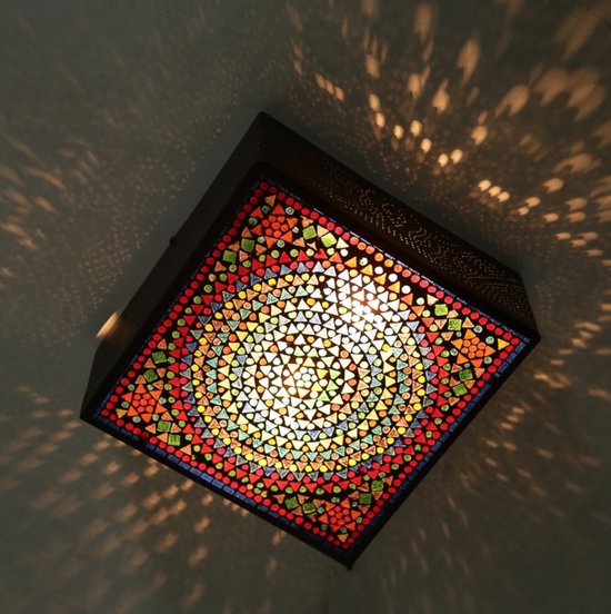 LM-Collection Mozaiek Plafondlamp - 30x30x12cm - E27 - Multi kleur - Metaal/Glas - plafondlampen, plafonniere, plafondlamp zwart, plafondlamp kinderkamer, plafondlamp badkamer