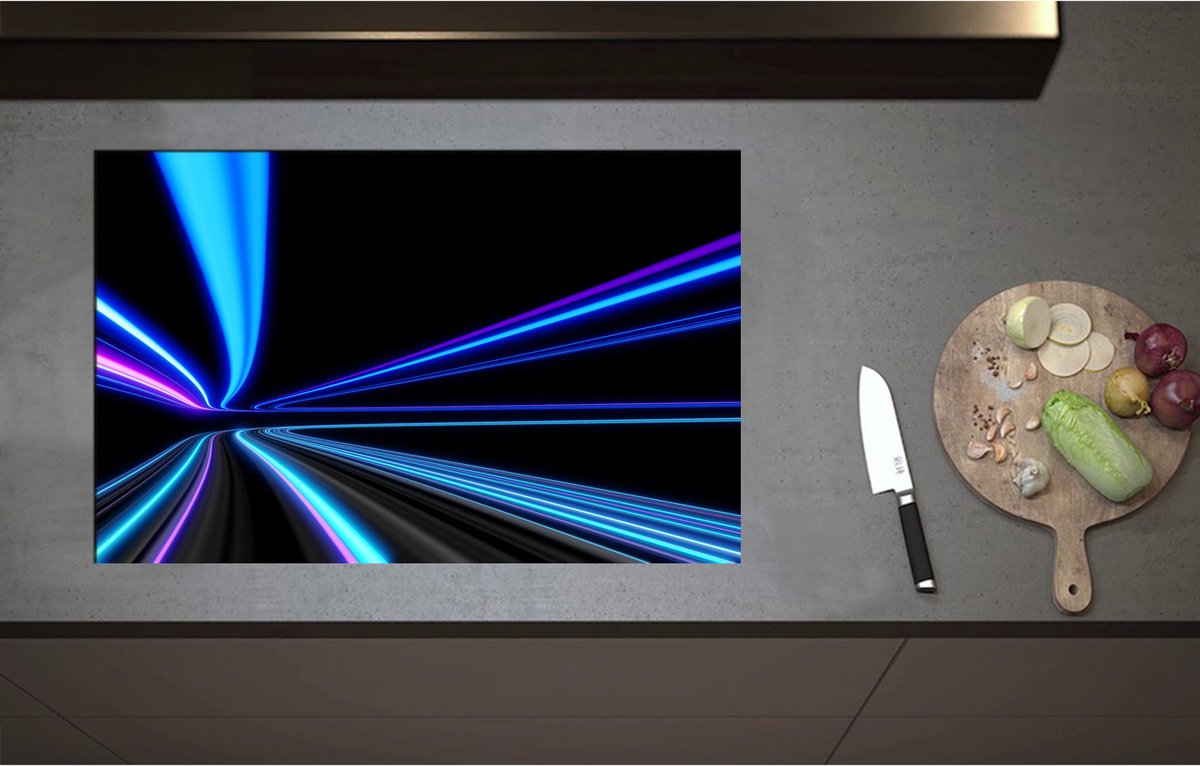 Inductieplaat Beschermer - Blauwe en Paarse Neon Strepen in Zwarte Omgeving - 80x52 cm - 2 mm Dik - Inductie Beschermer - Bescherming Inductiekookplaat - Kookplaat Beschermer van Wit Vinyl