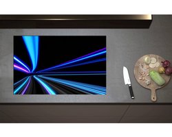 Inductieplaat Beschermer - Blauwe en Paarse Neon Strepen in Zwarte Omgeving - 80x52 cm - 2 mm Dik - Inductie Beschermer - Bescherming Inductiekookplaat - Kookplaat Beschermer van Wit Vinyl