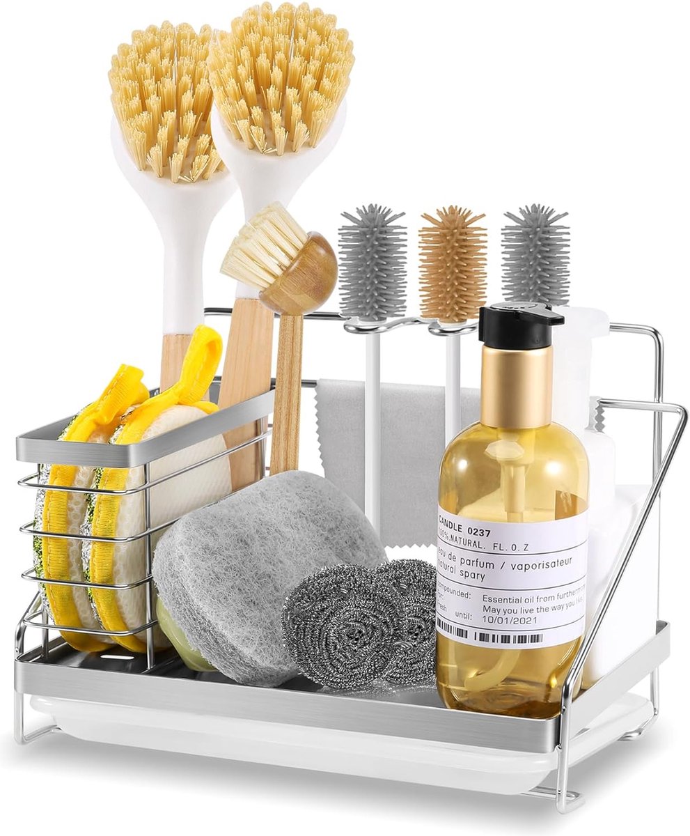 Goedkoopste Spoelbak-organizer, roestvrij staal, keukenspoelbak, caddy met borstelhouder en sponshouder, spoelbak, gootsteen, caddy met afvoerpan, voor keuken en badkamer