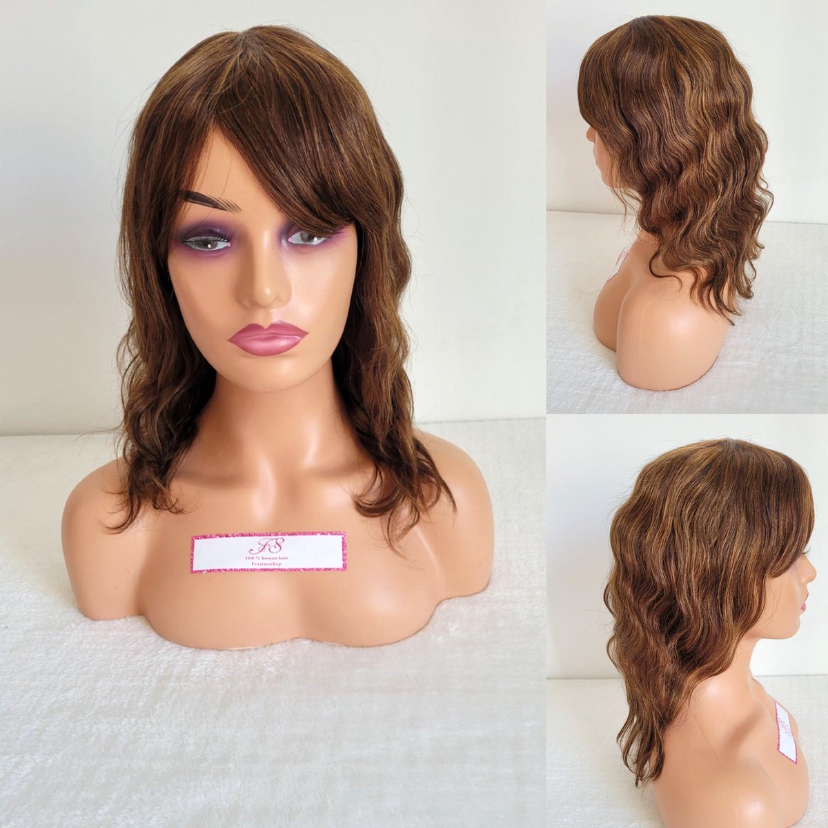 Frazimashop- Braziliaanse Remy golf pruiken- 14 inch - golf pruik met pony - Braziliaanse golf pruiken - 100% human hair body weve none lace wig