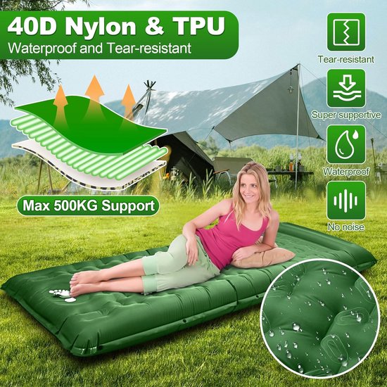 Zelfopblazende slaapmat voor outdoor, camping, luchtmatras met voetpomp, ultralicht voor 1 persoon, waterdicht, voor tent, wandelen, backpacking, trekking, groen van Merkloos — afbeelding 3