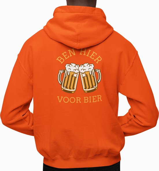 Oranje EK WK & Koningsdag Hoodie Ben Hier Voor Bier Back - MAAT L - Oranje Feestkleding - Uniseks pasvorm voor dames & heren