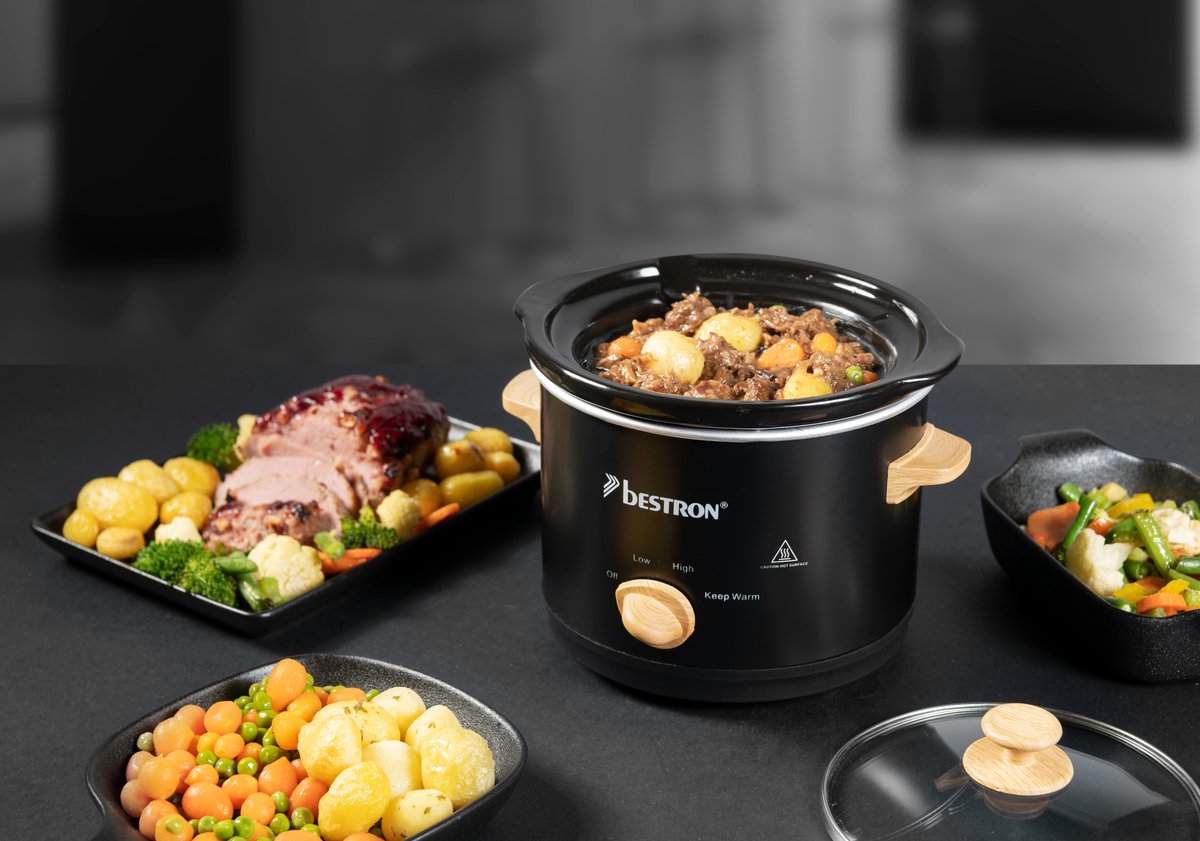 Afbeelding 3 van Bestron Slowcooker, met 3 programma's, keramische pan & glazen deksel, voor 2 Personen, 1.5L capaciteit, vatwasserveilig, 120 Watt, Black & Wood Collection, Kleur: Zwart/Hout