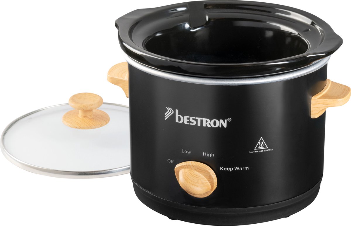 Afbeelding 2 van Bestron Slowcooker, met 3 programma's, keramische pan & glazen deksel, voor 2 Personen, 1.5L capaciteit, vatwasserveilig, 120 Watt, Black & Wood Collection, Kleur: Zwart/Hout