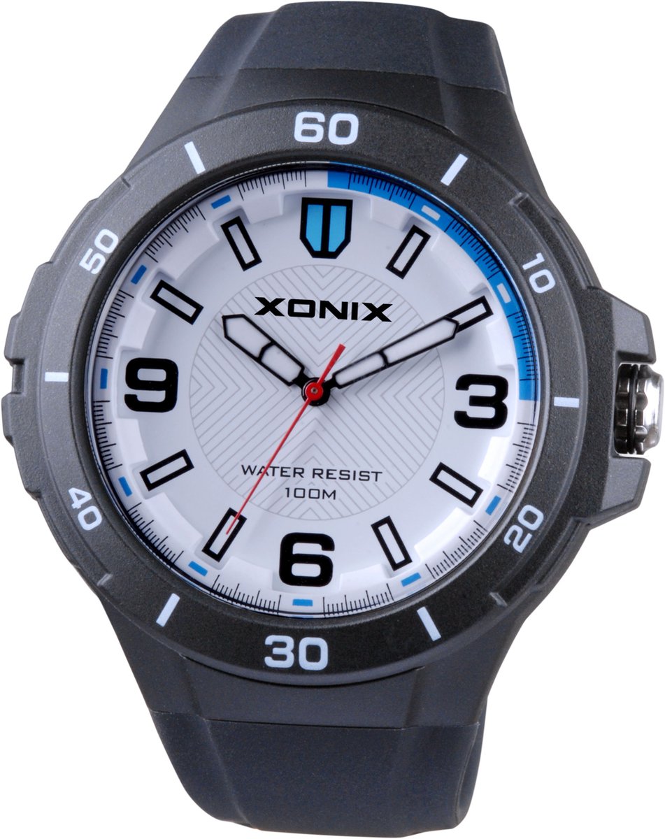 Xonix CAC-A06 - Horloge - Analoog - Heren - Mannen - Rond - Siliconen band - ABS - Cijfers - Waterdicht - Zwart - Wit - LichtBlauw - 10 ATM