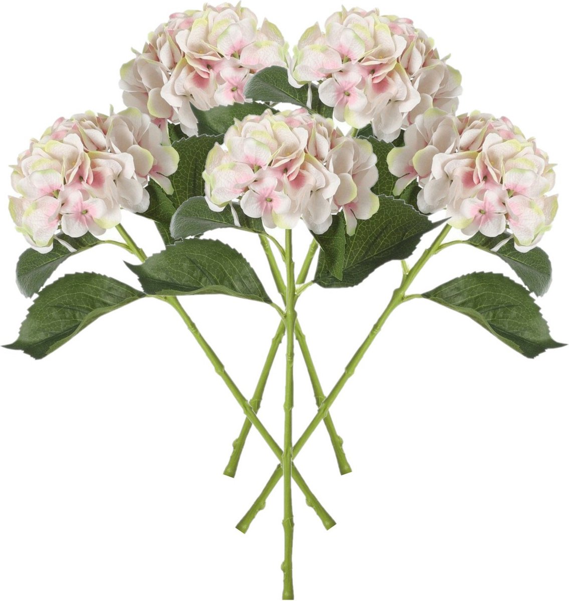 Mica Decorations Kunstbloem - 5x - Hortensia tak - lichtroze - 51 cm - losse steel - Kunst zijdebloemen