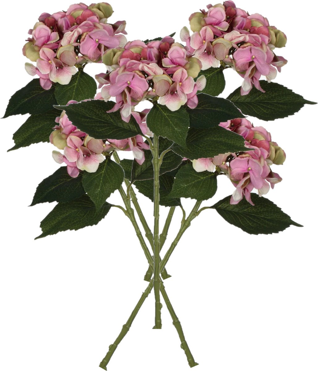 Mica Decorations Kunstbloemen boeket Hortensias - 5 stelen - roze - 51 cm - Kunst zijdebloemen