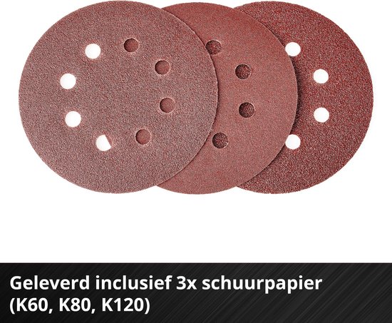 Drie ronde schuurpapieren met een bruin korrelige textuur en meerdere gaten, K60, K80, K120.