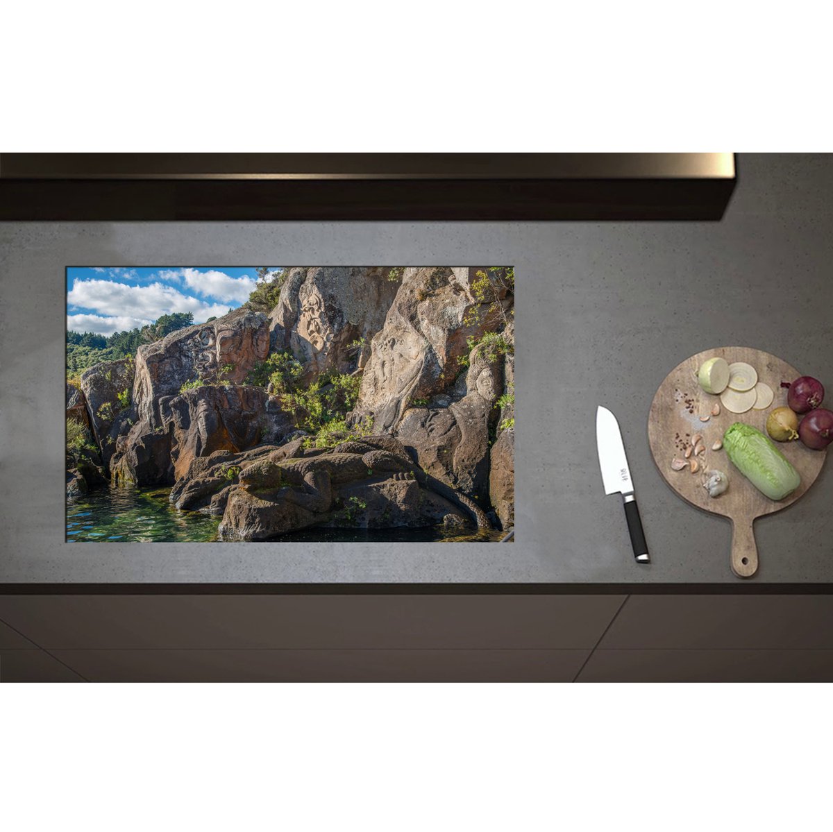 Inductieplaat Beschermer - Begroeiing op Rotsen in het Water - 80x50 cm - 2 mm Dik - Inductie Beschermer - Bescherming Inductiekookplaat - Kookplaat Beschermer van Zwart Vinyl