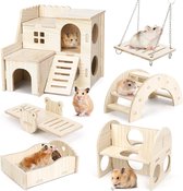 Hamsterspeelgoed, 6 stuks houten hamsterhuisspeelgoed voor hamsters, houten hamsterkauwspeelgoed, hamsterschuilplaatshuistrainingsspeelgoed voor chinchilla, cavia's, gerbils, konijnen