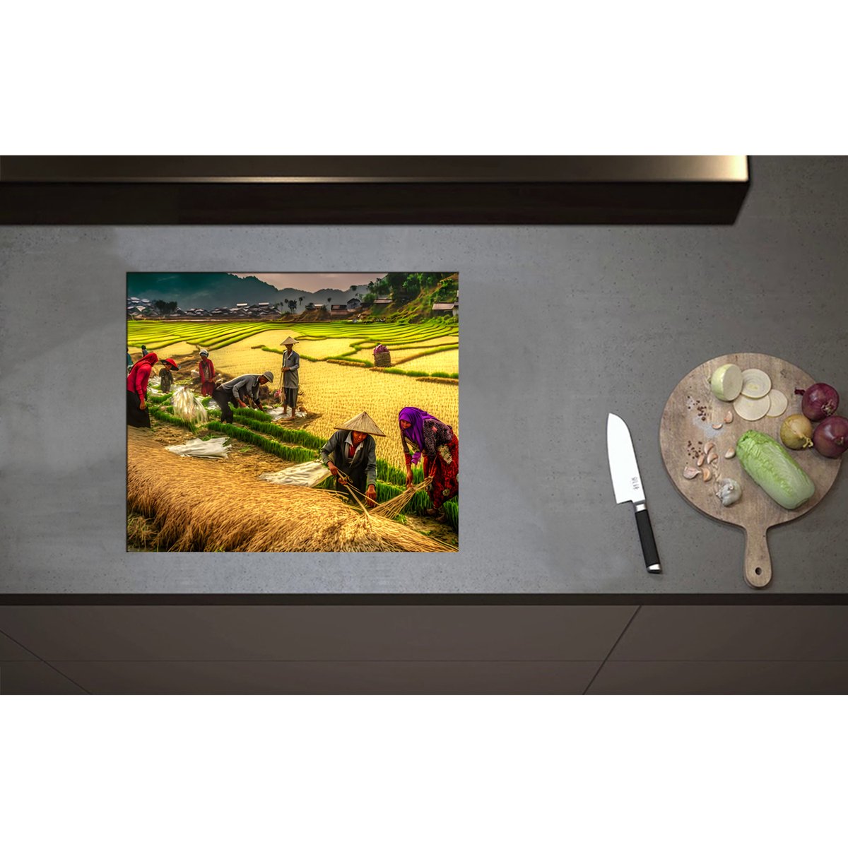 Inductieplaat Beschermer - Aziatische Mensen aan het Werk in het Landschap - 59x50 cm - 2 mm Dik - Inductie Beschermer - Bescherming Inductiekookplaat - Kookplaat Beschermer van Zwart Vinyl