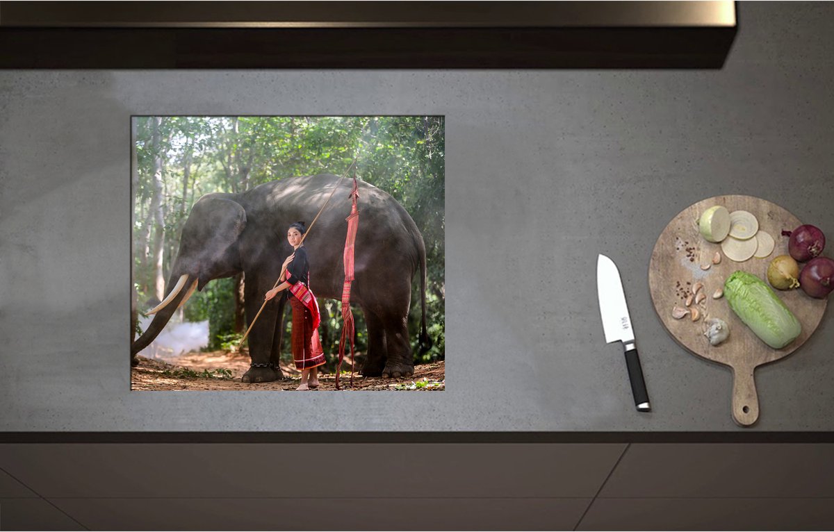 Inductieplaat Beschermer - Aziatische Vrouw bij Olifant in het Bos - 57x50 cm - 2 mm Dik - Inductie Beschermer - Bescherming Inductiekookplaat - Kookplaat Beschermer van Wit Vinyl