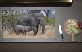 Inductieplaat Beschermer - Babyolifant drinkend bij Moederolifant tussen Hoge Droge Grassen - 95x52 cm - 2 mm Dik - Inductie Beschermer - Bescherming Inductiekookplaat - Kookplaat Beschermer van Zwart Vinyl