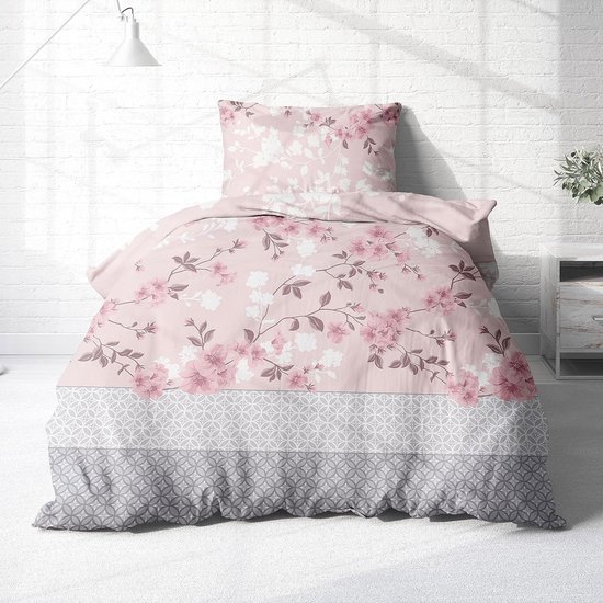 Renforce beddengoed 135 x 200 cm roze - bloemmotief beddengoed 100% katoen - bloemenbeddengoed roze grijs - geweldig zomerbeddengoed