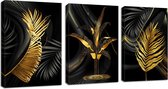 3 Panel Moderne Zwarte Gouden Blad Canvas Schilderij Tropische Monstera Art Schilderijen Prints, Schilderkunst Geschikte Woonkamer, Klaar Om Op Te Hangen, Uitgerekt Op Frame, 30x40cmx3 Stuks