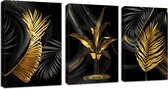 3 Panneaux Modernes Feuille d'or Noir Peinture sur Toile Tropical Monstera Art Peintures Impressions, Peinture adaptée au Salon, prête à accrocher, tendue sur Cadre, 30x40 cm x 3 pièces