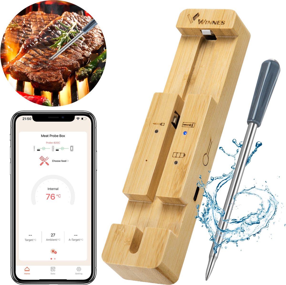 Draadloze vleesthermometer - Bluetooth 5.1 Grillthermometer IPX7 Waterdicht Lange afstand Digitale keuken Koken Voedsel Vleesgereedschap Slimme digitale Bluetooth-barbecuethermometer met gratis APP - Winnes