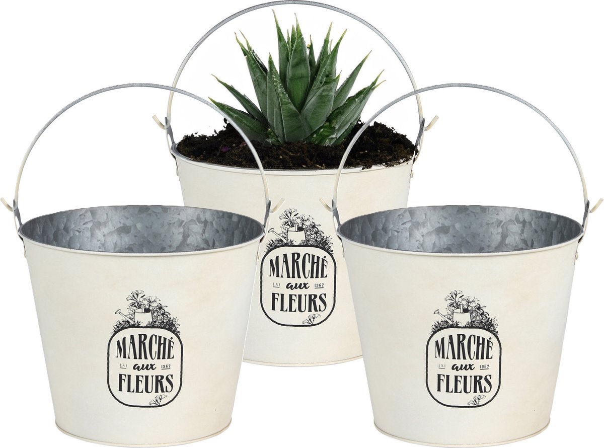 Goedkoopste Sunnydays Emmer/plantenpot/bloempot - 3x - zink - ivoorwit - D24 x H19 cm