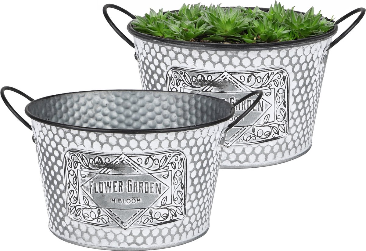 Goedkoopste Sunnydays Teil/plantenpot/bloempot - 2x - zink - zilver - D22 x H12 cm