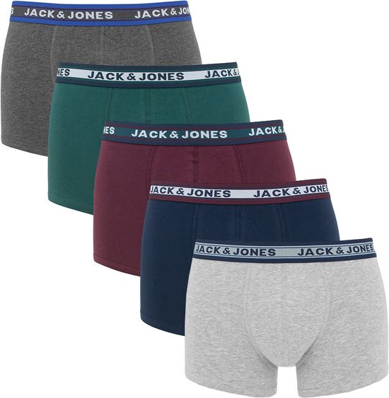 Vijf boxershorts in de kleuren grijs, groen, bordeaux, navy en lichtgrijs met bijpassende 'JACK & JONES' logo banden.