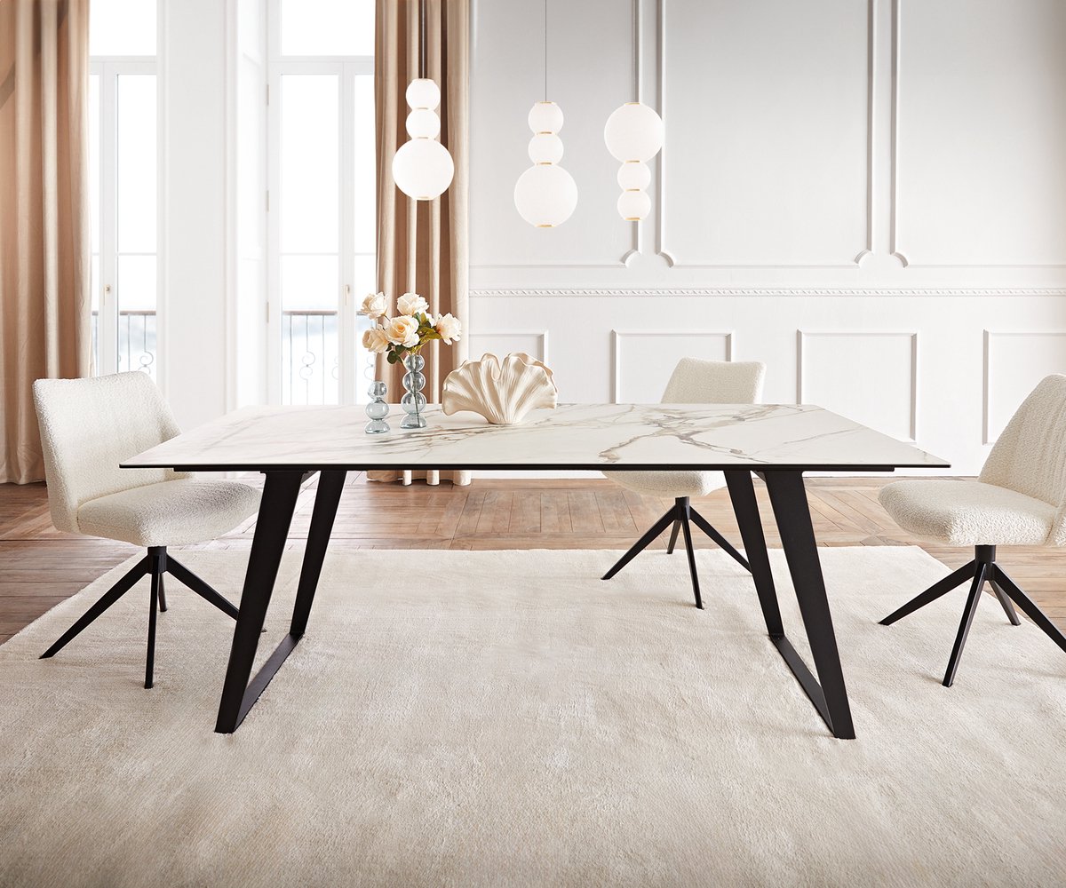 DELIFE Eetkamertafel Edge keramiek Calacatta Luxe wit-goud-grijs 200x100 metaal schuin zwart Weiß-Gold-Grau