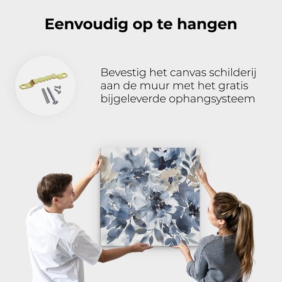 Peinture sur toile Artaza Fleurs bleues et beiges sur fond Witte - 80x80 - Groot - Photo sur toile - Impression sur toile