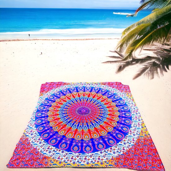 2 persoons strandlaken - mandala 210x220 - Duurzaam katoen / polyester - Rood/geel/blauw/wit