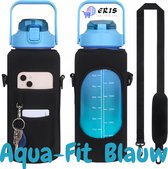 Aqua-Fit Blauw 2 Liter - Waterfles - Drinkfles - Zwarte Draagtas met mobiele telefoon en sleutelhouder - Waterfles/Drinkfles met rietje - Grote waterfles - Gallon - Sportbidon - fitnessfles