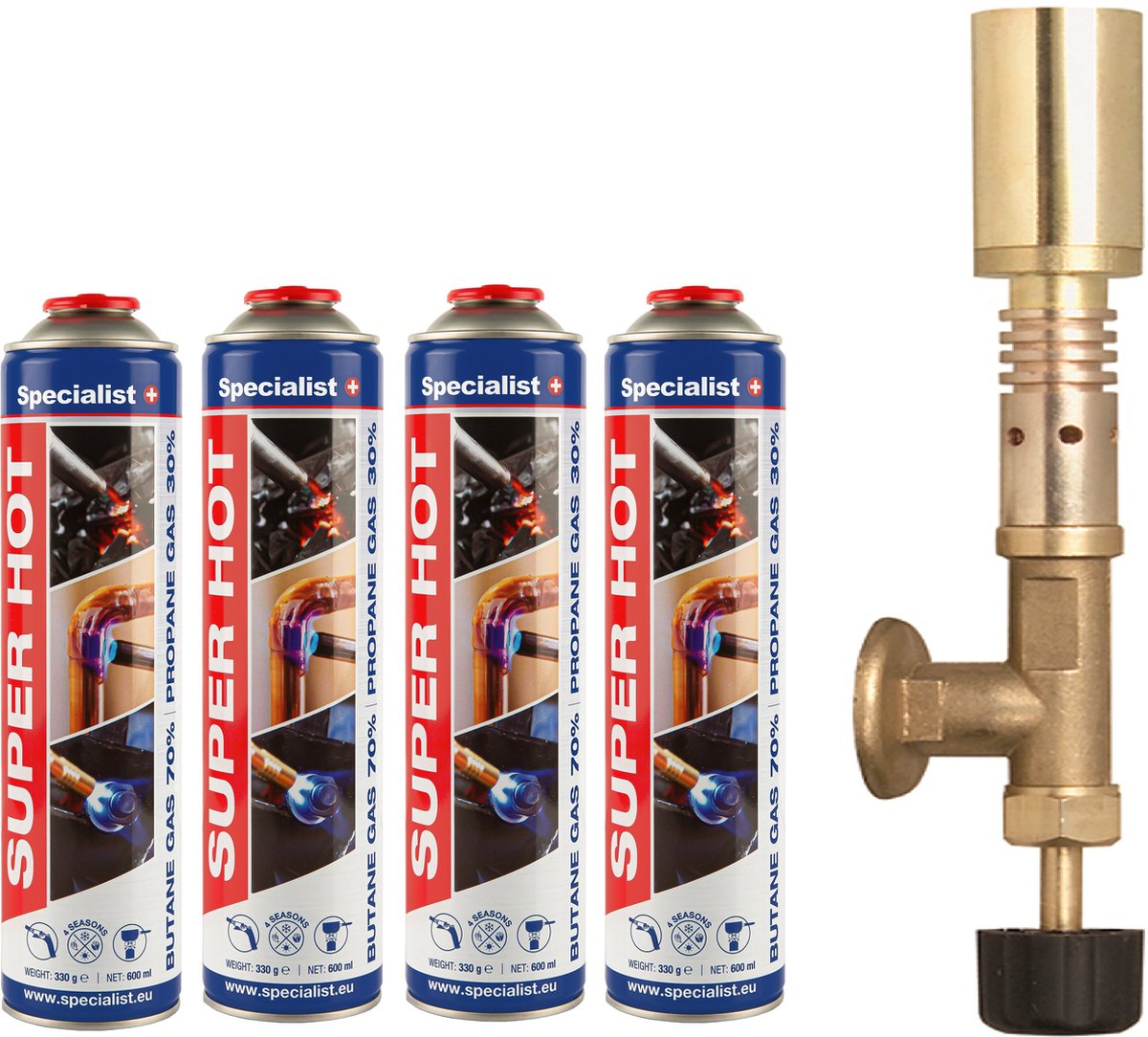 Gasbrander - Incl. 4x Gasflessen 30/70% propaan en butaan