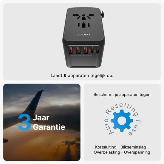 Zwarte Voomy wereldstekker, toont "3 Jaar Garantie" en "Automatische Zekering" die apparaten beschermt.