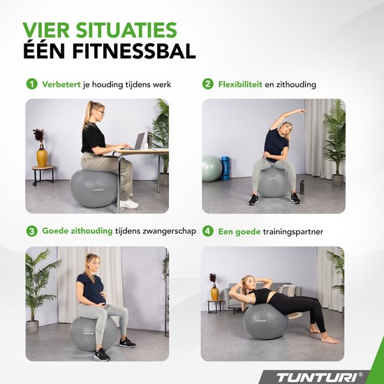 Tunturi Anti Burst Fitness bal met Pomp - Yoga bal 65 cm - Pilates bal - Zwangerschapsbal – 220 kg gebruikersgewicht - Incl Trainingsapp – Zilver