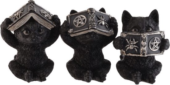 Maddeco - 3 beeldjes zwarte kat - magie - horen zien en zwijgen - polystone - 9 cm hoog