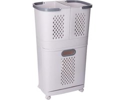 Wasmand 3 Vakken - Wit - Wasmand met Wieltjes - Wassorteerder met Drie Vakken - Kunststof Wasmand