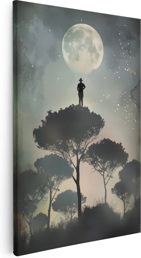 Artaza Canvas Schilderij Silhouet van een Man die Bovenop een Boom Staat met een Volle Maan op de Achtergrond - 20x30 - Klein - Foto Op Canvas - Canvas Print