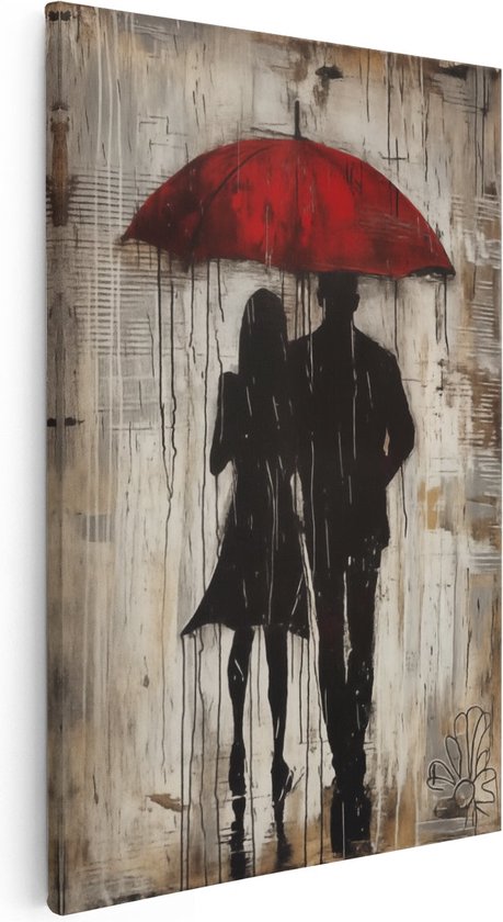 Artaza Canvas Schilderij Paar dat onder een Rode Paraplu loopt - 20x30 - Klein - Foto Op Canvas - Canvas Print