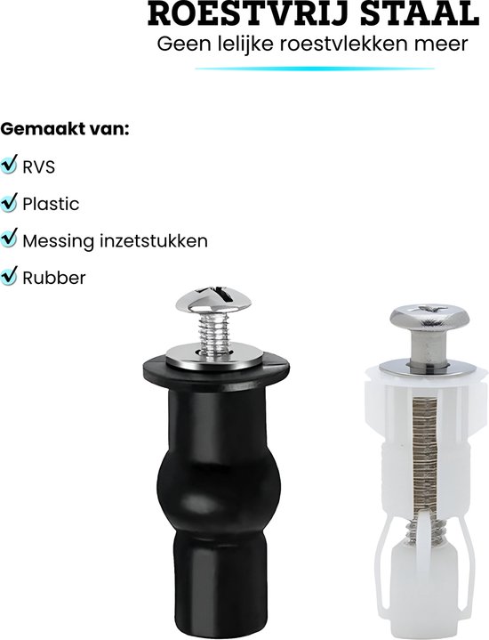 Toiletbril scharnieren gemaakt van RVS, plastic, messing inzetstukken en rubber. Zwart en wit.