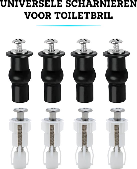 Set van 8 universele scharnieren voor toiletbrillen, 4 zwart en 4 wit, met RVS schroeven.