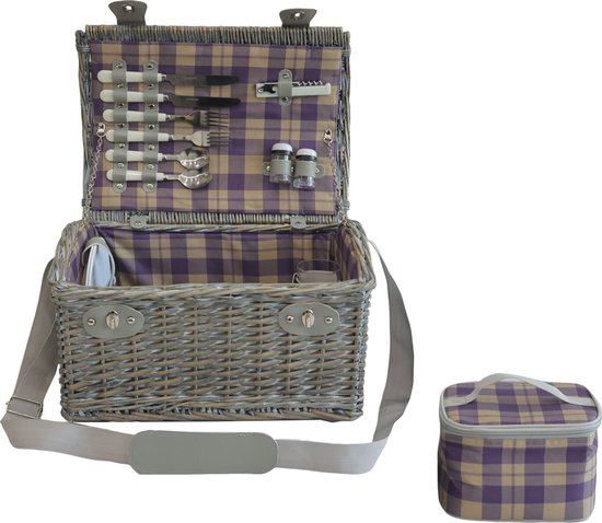 Panier pique-nique Folldal pour 2 personnes avec contenu 40x28x25 cm gris violet et beige casa.pro