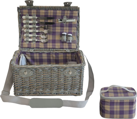 Picknickmand Folldal voor 2 personen incl. inhoud 40x28x25 cm grijs paars en beige casa.pro