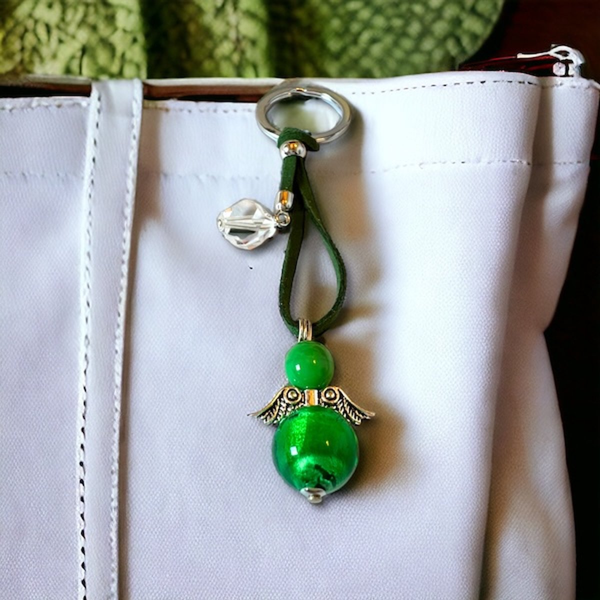 Corte Murrina - Murano glas sleutelhanger - 'Angelo Fortuna' Felicitá Verde - Groen - Sterling silver - 11cm - Exclusief bij Bella Murano