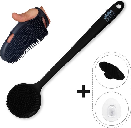 Foto: Blubs set siliconen rugborstel washand en gezichtborstel lichaamsborstel rugborstel douche met steel huidborstel doucheborstel bad doucheaccessoires badborstel met steel doucheborstel siliconen borstel massage zwart