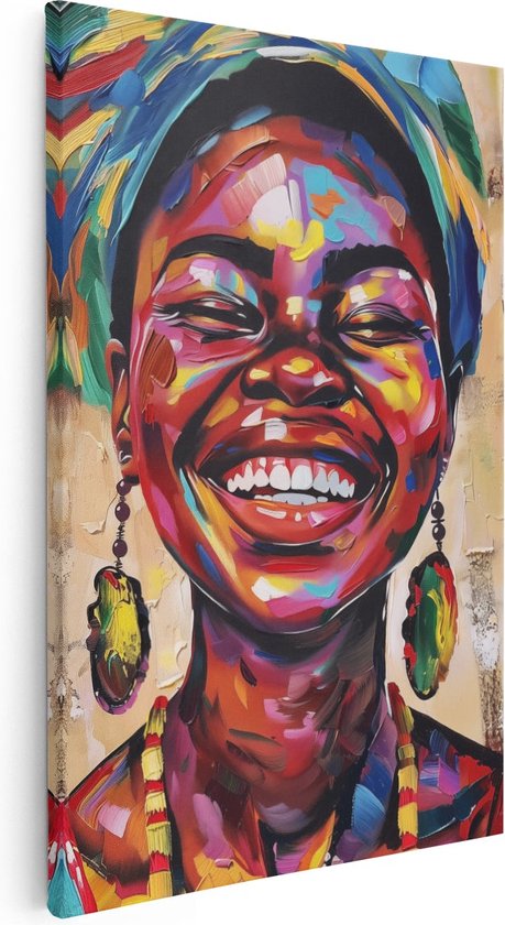 Artaza Canvas Schilderij Glimlachende Afrikaanse Vrouw die een Kleurrijke Tulband Draagt - 40x60 - Wanddecoratie - Foto Op Canvas - Canvas Print