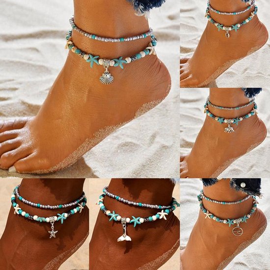 Bracelet de cheville Dames - étoile de mer - coquillage - avec perles - lot de 2 - bracelet de plage