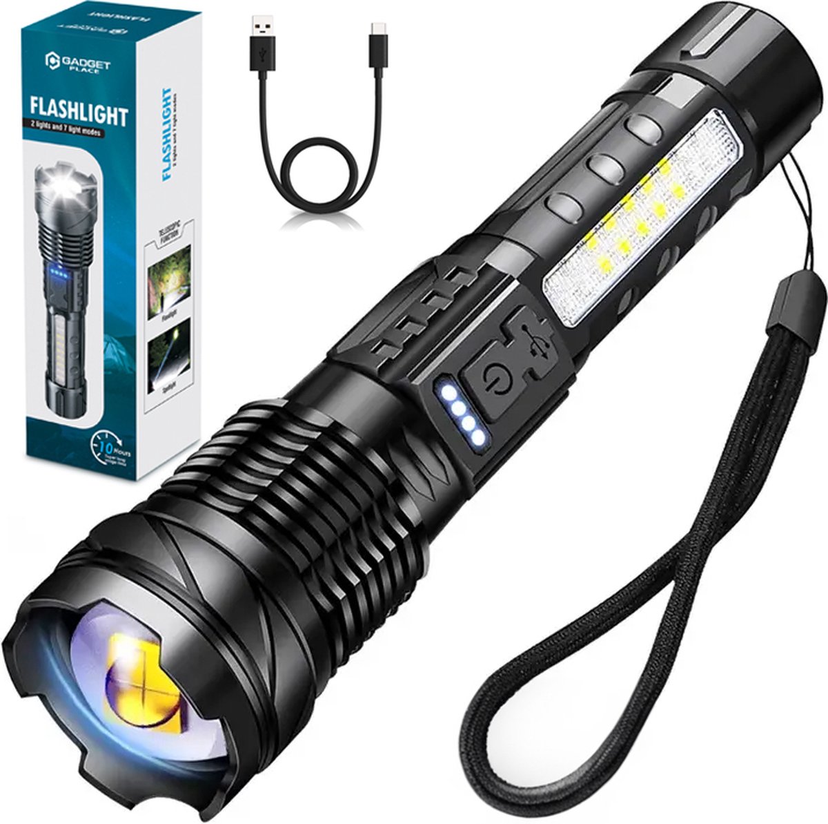 Bol.com LED Zaklamp Oplaadbaar met 2 Lichten - 2500 lumen - 7 Lichtstanden - USB C - Waterproof - Militaire zaklamp - Tactische ... aanbieding