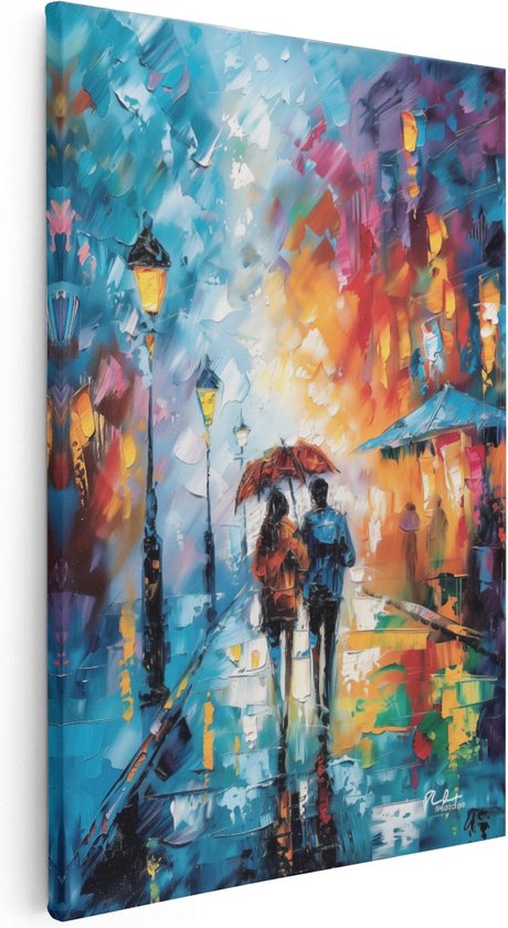 Artaza Canvas Schilderij Twee Mensen Lopen met Paraplu's in de Regen - 80x120 - Groot - Foto Op Canvas - Canvas Print