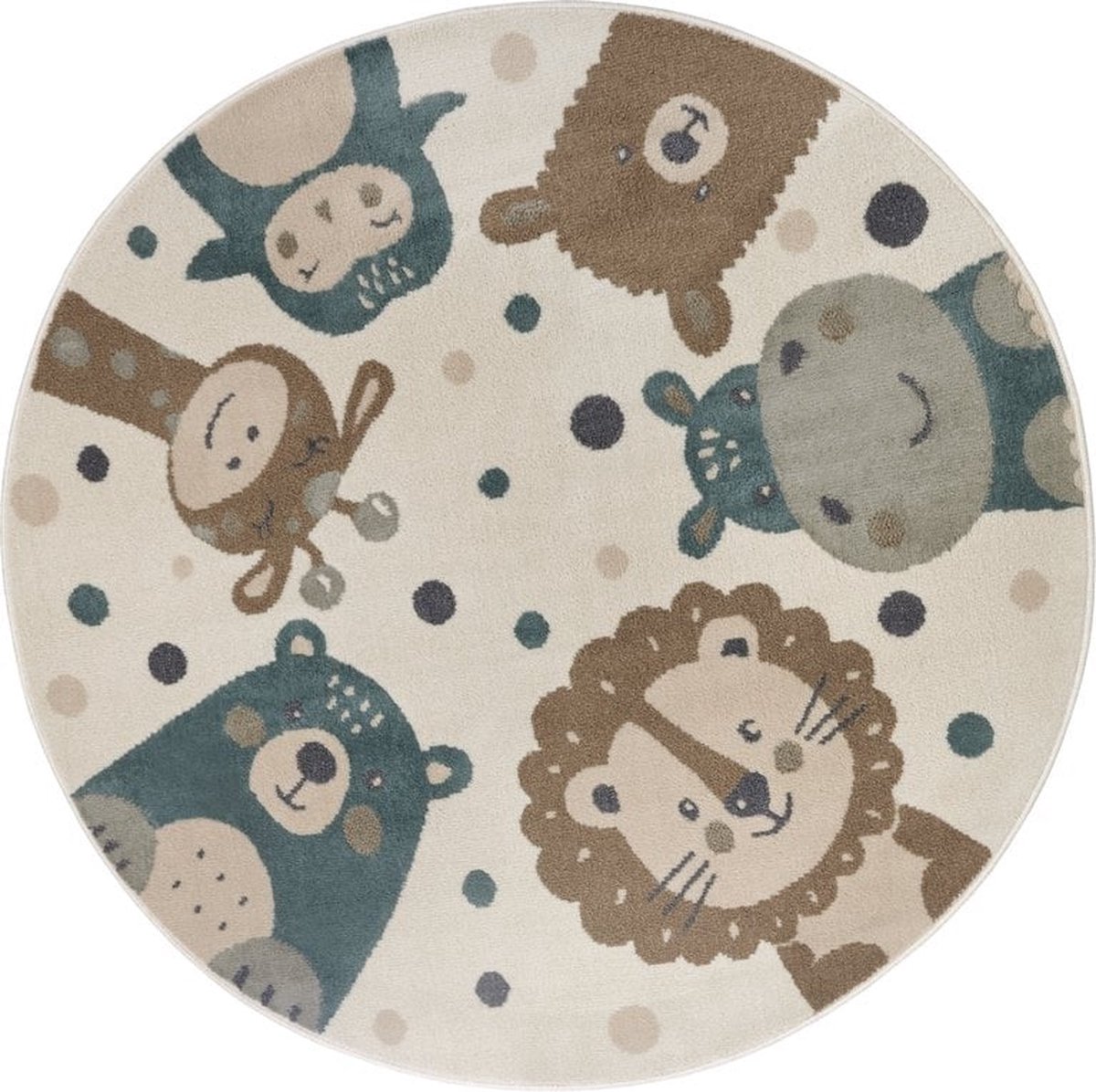 Flycarpets Adventures Rond Kindervloerkleed Beige / Bruin / Blauw - 100 cm - Dieren - Laagpolig Vloerkleed Kinderkamer