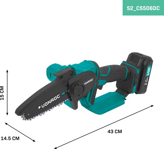 VONROC Mini Kettingzaag 20V - 152mm - Incl. 2x 2.0Ah accu’s en snellader van VONROC — afbeelding 4